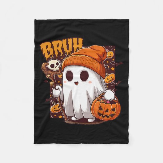 Bruh Ghost Happy Halloween Trick Or Treat Pumpkin フリースブランケット (正面)