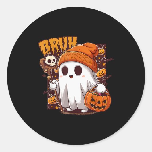Bruh Ghost Happy Halloween Trick Or Treat Pumpkin  ラウンドシール (正面)