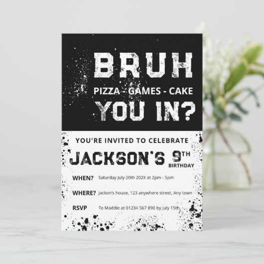 BRUH Grunge Paint Splatter Boy Birthday Invitation 招待状 (スタンド正面)