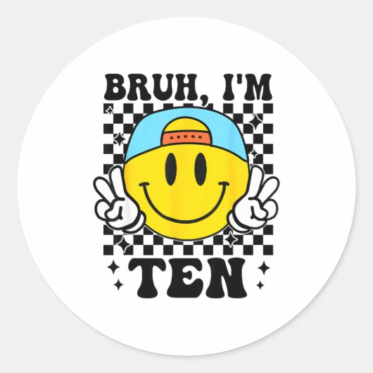 Bruh I'm Ten 10 10th Birthday Groovy Boys Girls 10 ラウンドシール (正面)