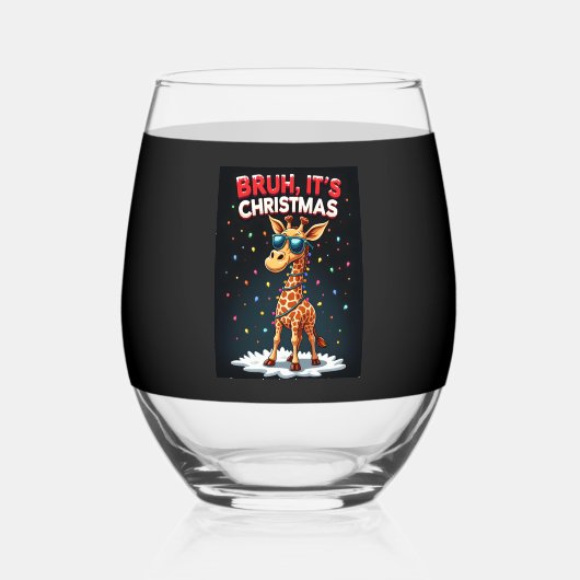 Bruh It's Christmas Giraffe Funny Dabbing Long Sle ステムなしワイングラス (正面)