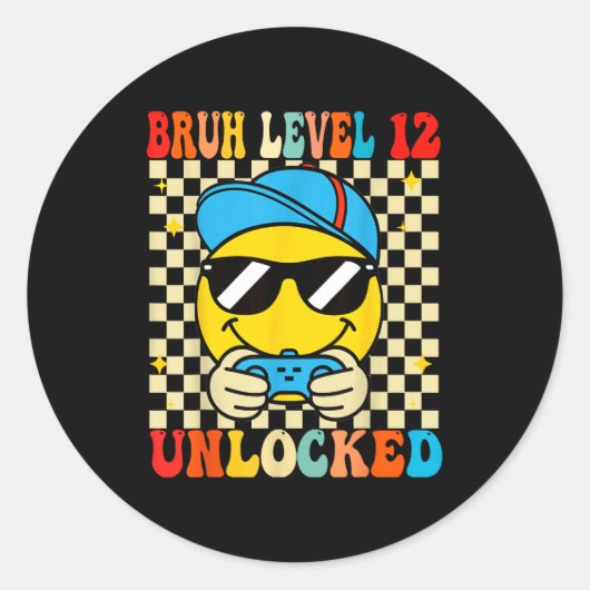 Bruh Level 12 Unlocked Smile Face Video Gamer 12th ラウンドシール (正面)