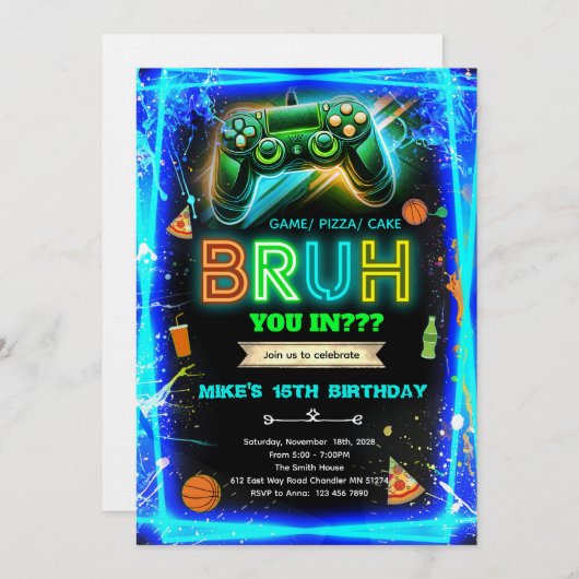 Bruh neon birthday invitation 招待状 (正面/裏面)