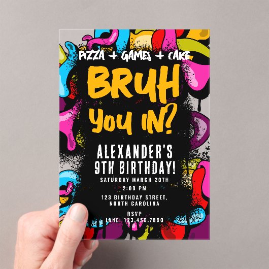 Bruh Neon Graffiti Hip Hop Street Art Birthday アクリル招待状 (インサイチュ (ポータブル))