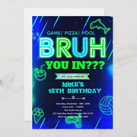 Bruh Neon pool Birthday Invitation 招待状 (正面/裏面)