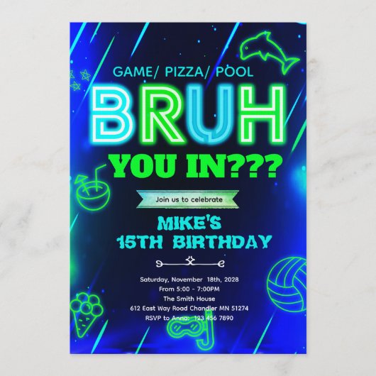 Bruh Neon pool Birthday Invitation 招待状 (正面)