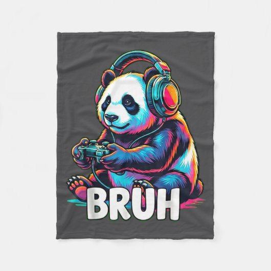 Bruh Panda Gamer With Headphones Controller  フリースブランケット (正面)