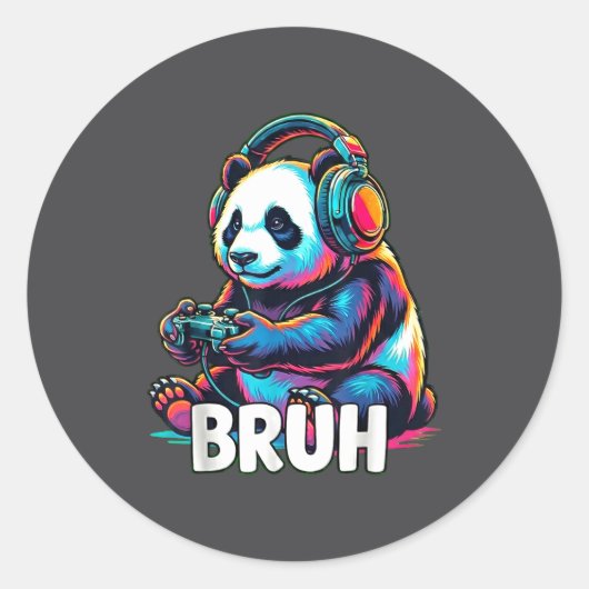 Bruh Panda Gamer With Headphones Controller  ラウンドシール (正面)
