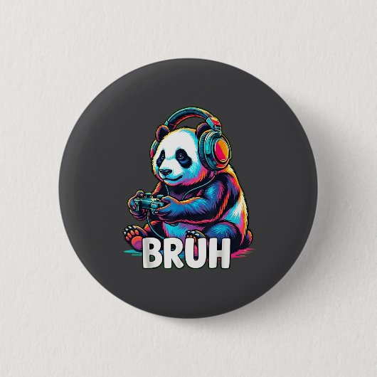 Bruh Panda Gamer With Headphones Controller  缶バッジ (正面)