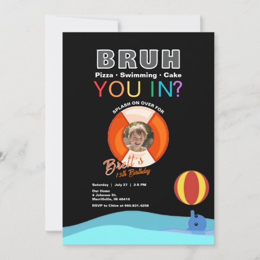 Bruh Pool Party Birthday Invitation with Photo 招待状 (正面)