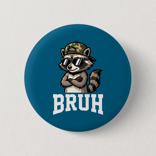Bruh Raccoon Camo Hat Funny Youth Teens Kids Slang 缶バッジ (正面)