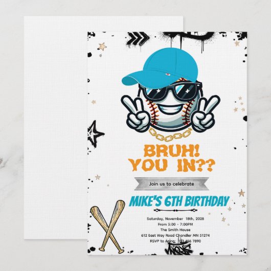 Bruh Teen baseball Party Invitation 招待状 (正面/裏面)
