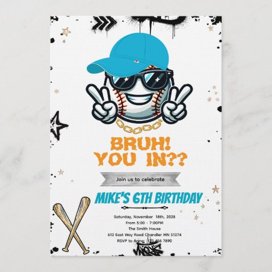 Bruh Teen baseball Party Invitation 招待状 (正面)