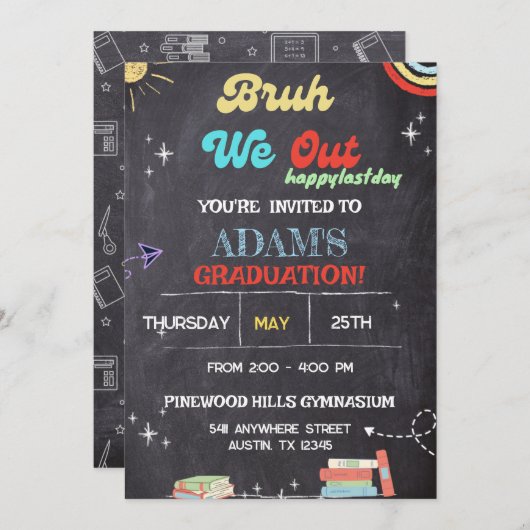 Bruh We Out Chalkboard pre K卒業 招待状 (正面/裏面)