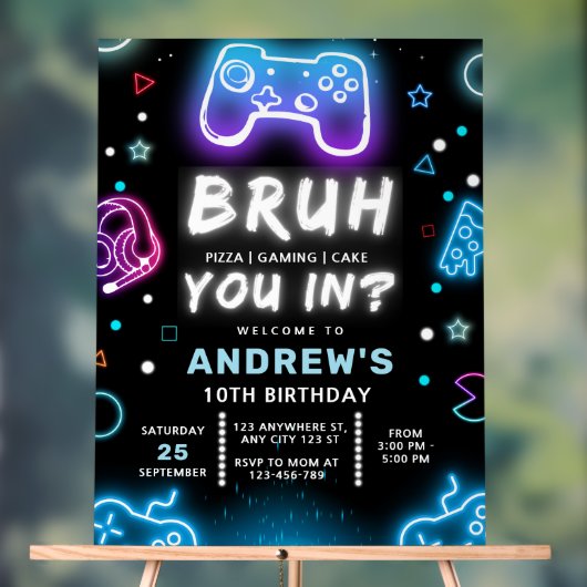 BRUH YOU IN? ネオンゲーマー 誕生日招待状 アクリルサイン (ニュートラル)