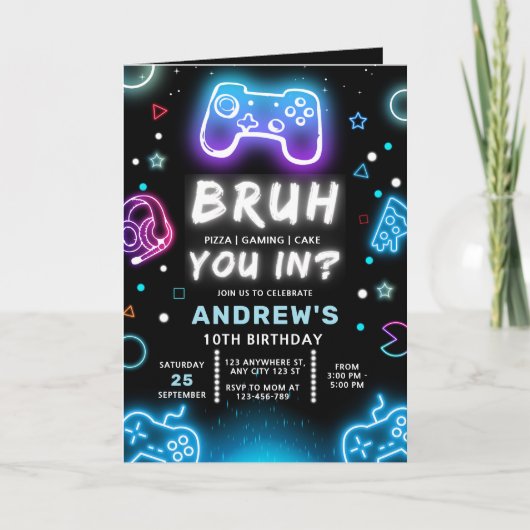 BRUH YOU IN? ネオンゲーマー 誕生日招待状 招待状 (正面)