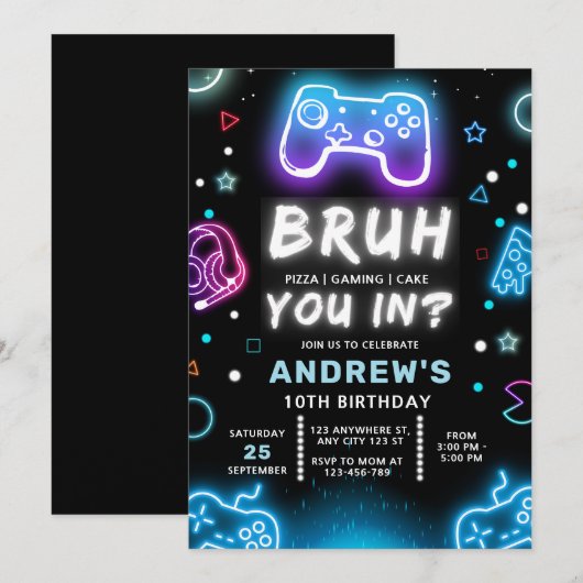 BRUH YOU IN? ネオンゲーマー 誕生日招待状 招待状 (正面/裏面)