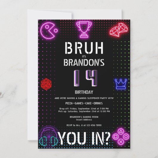 BRUH YOU IN Boy10代の誕生日ビデオゲームのスイーバー 招待状 (正面)
