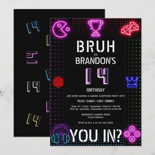 BRUH YOU IN Boy10代の誕生日ビデオゲームのスイーバー 招待状 (正面/裏面)
