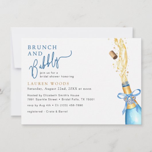 Brunch and Bubbly Bridal Shower Blue Champagne Pop 招待状 (正面)