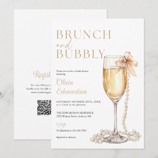 Brunch And Bubbly Champagne QR Code Bridal Shower 招待状 (正面/裏面)