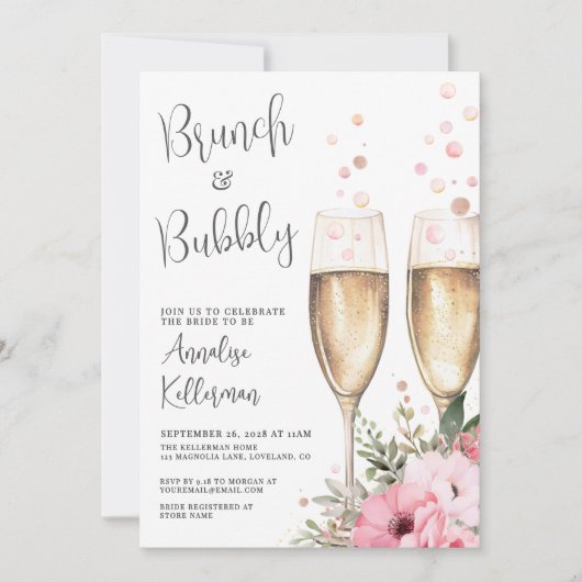 Brunch And Bubbly Floral Bridal Shower 招待状 (正面)