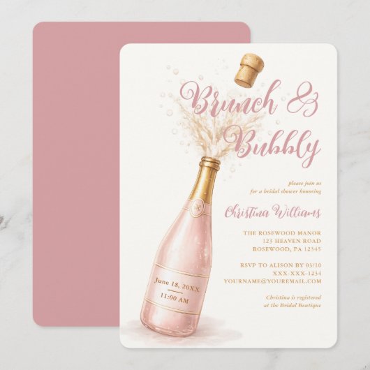 Brunch and Bubbly Pink Champagne Bridal Shower 招待状 (正面/裏面)
