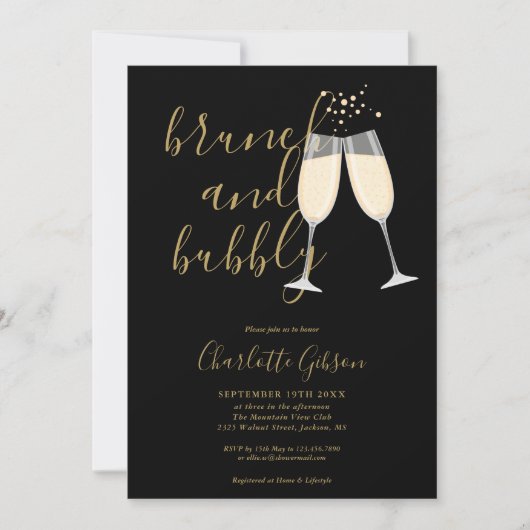 Brunch And Bubbly QR Code Black Gold Bridal Shower 招待状 (正面)