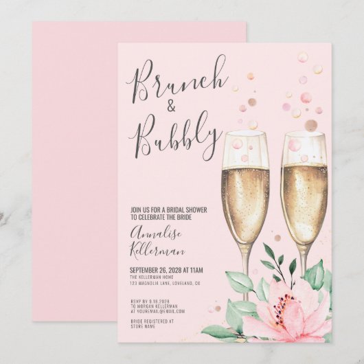 Brunch Bubbly Blush Pink Floral Bridal Shower 招待状 (正面/裏面)