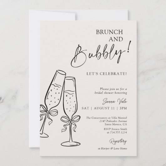 Brunch & Bubbly Champagne Black Bow Bridal Shower 招待状 (正面)