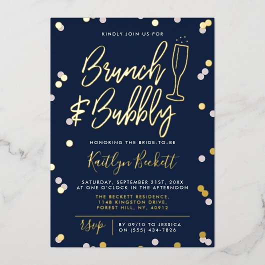 Brunch & Bubbly Confetti Bridal Shower Real 箔招待状 (正面)