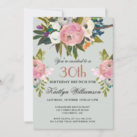 Brunch Elegant Handpainted Floral 30th Birthday  招待状 (正面)