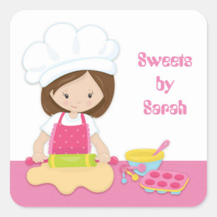 Brunette Baker, Chef Hat, Pink スクエアシール
