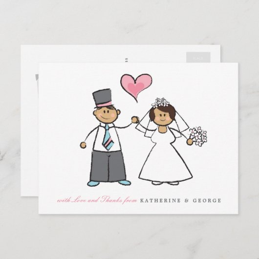 Brunette Cartoon Coule氏とMrs.の結婚お礼 ポストカード (正面/裏面)