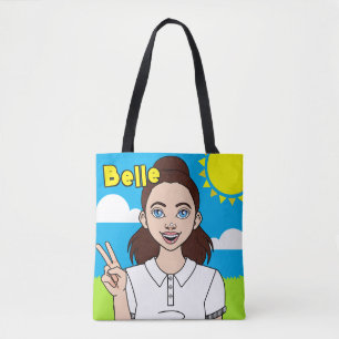 Brunette Cartoon Girl School Student Name Library トートバッグ
