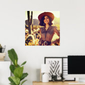 Brunette Cowgirl in Cowboy Hat in the Desert ポスター (ホームオフィス)