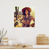 Brunette Cowgirl in Cowboy Hat in the Desert ポスター (キッチン)