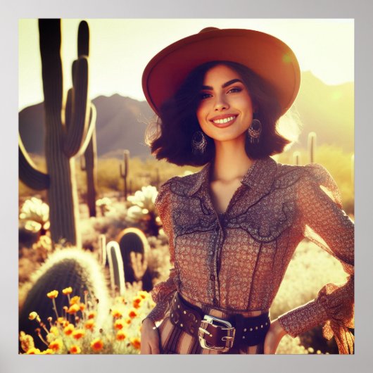 Brunette Cowgirl in Cowboy Hat in the Desert ポスター (正面)