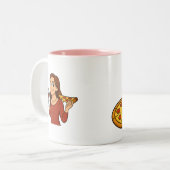 Brunette enjoying wine and pizza ツートーンマグカップ (正面左)