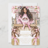 Brunette Girl Horse Birthday Invitation 招待状 (正面)