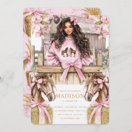 Brunette Girl Horse Birthday Invitation 招待状