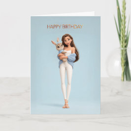 Brunette Girl in Blue Cardigan w/ White Bunny BDay カード
