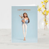Brunette Girl in Blue Cardigan w/ White Bunny BDay カード (黄色い花)