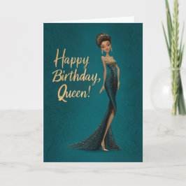 Brunette Girl in Dark Teal Gown Happy BDay Queen カード