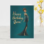 Brunette Girl in Dark Teal Gown Happy BDay Queen カード (黄色い花)