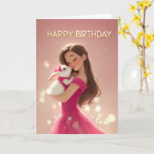 Brunette Girl in Hot Pink w/ Sweet Bunny BDay カード (黄色い花)