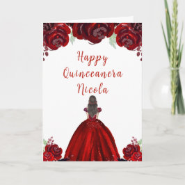 Brunette Hair Princess Red Floral Quinceanera カード