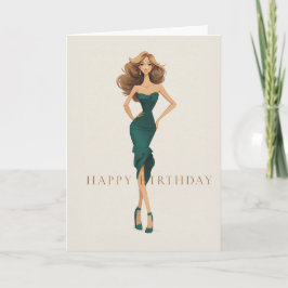 Brunette in Elegant Dark Teal Dress Fashion BDay カード