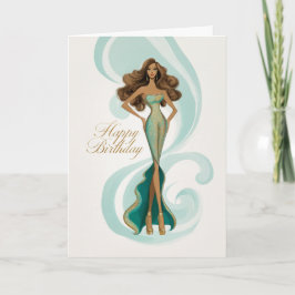 Brunette in Elegant Teal Gold Glam Fashion BDay カード