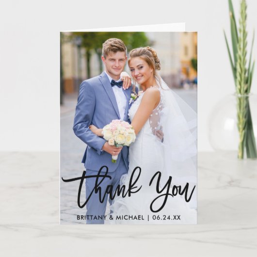 Brush モダン Script結婚 Photo Fold Thank You カード (正面)